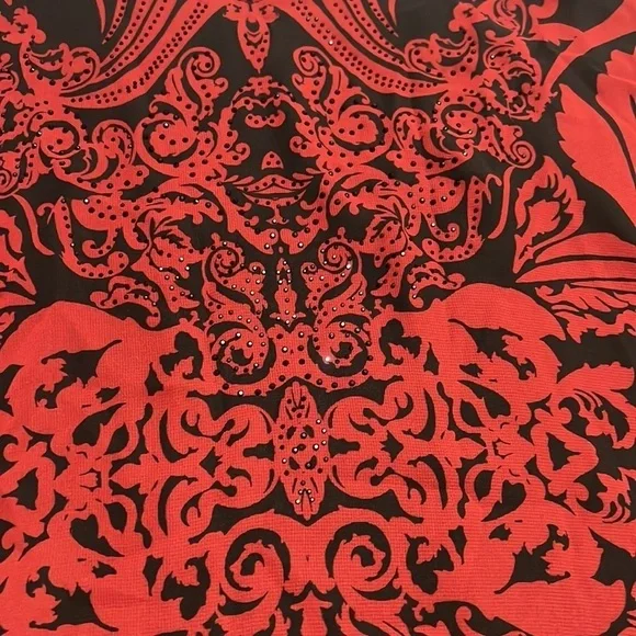 **$8 FINAL SALE** Roz & Ali Red Black Rhinestone 3/4 Sleeve Blouse Petite Large - Picture 3 of 6